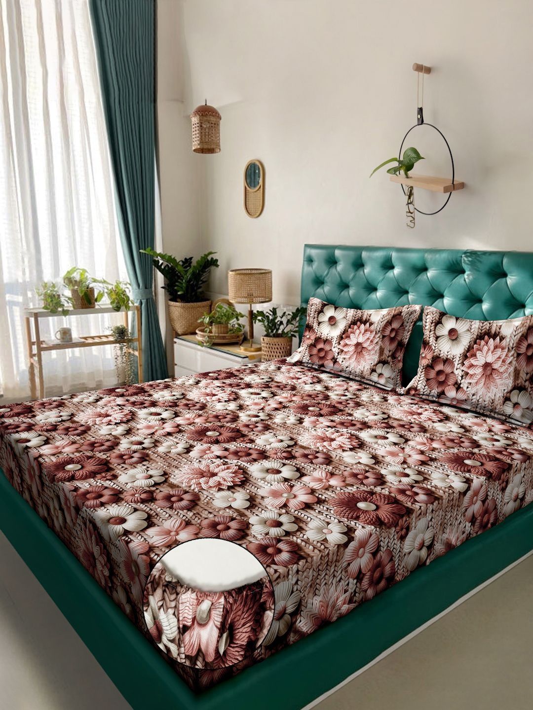 Myntra Elegant Brown Floral Printed Fitted 300 TC King 7D Bedsheet with 2 Pillow Covers