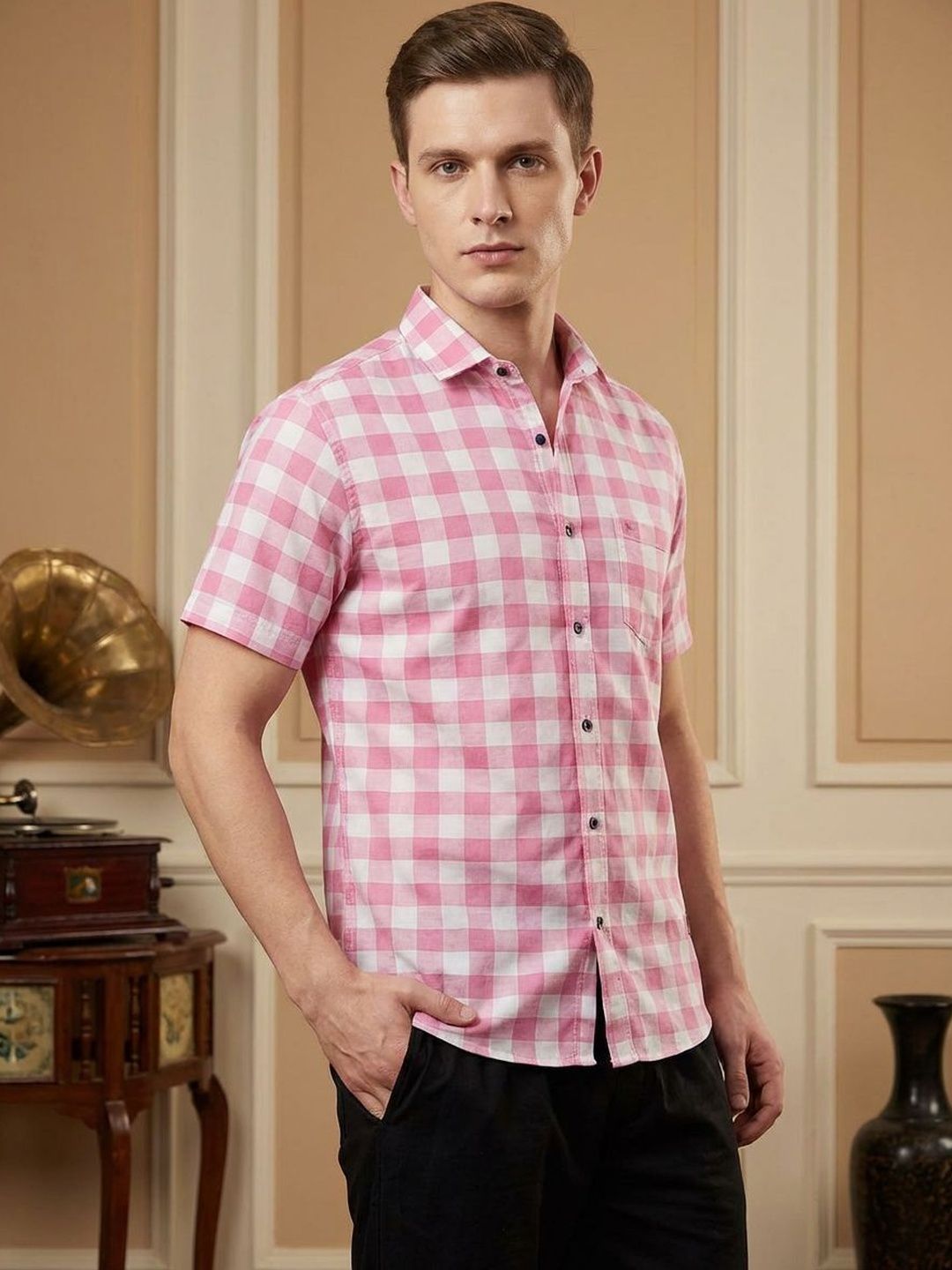 TIGER SNAKE Men Comfort Gingham Checks Checked Casual Shirt