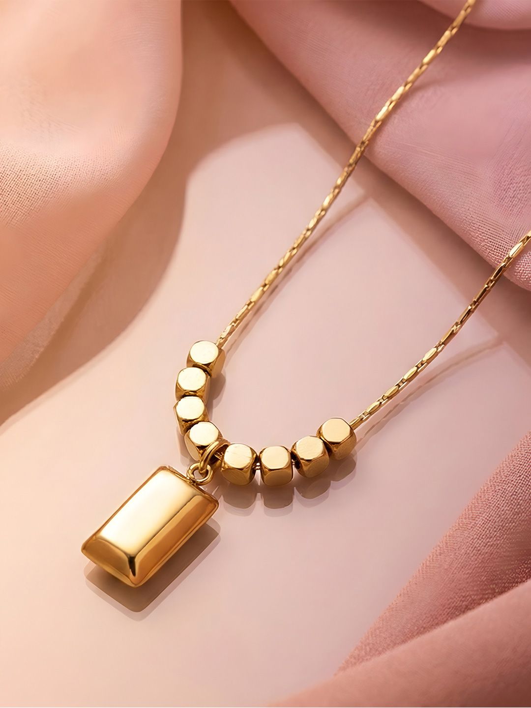 ADIVA 14K Gold-Plated Anti-Tarnish Rectangular Pendant Chain with Hexagon Bead Detail