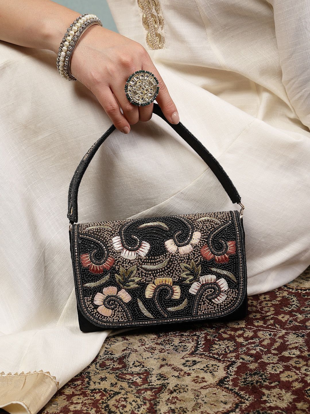 Anekaant Beaded Botanica Black Embellished Clutch
