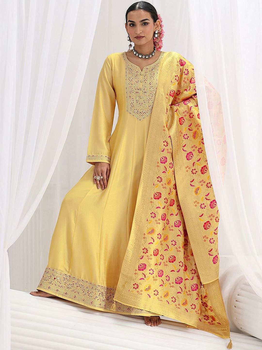 Libas Yellow Floral Embroidered A-Line GOWN