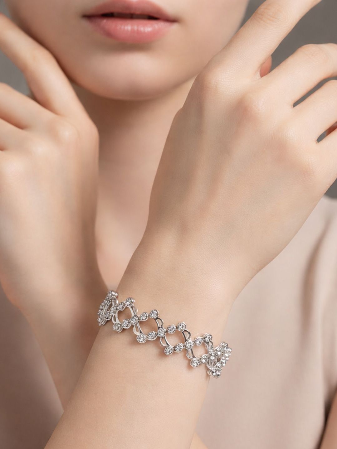 Peora Women Crystals Silver-Plated Wraparound Bracelet