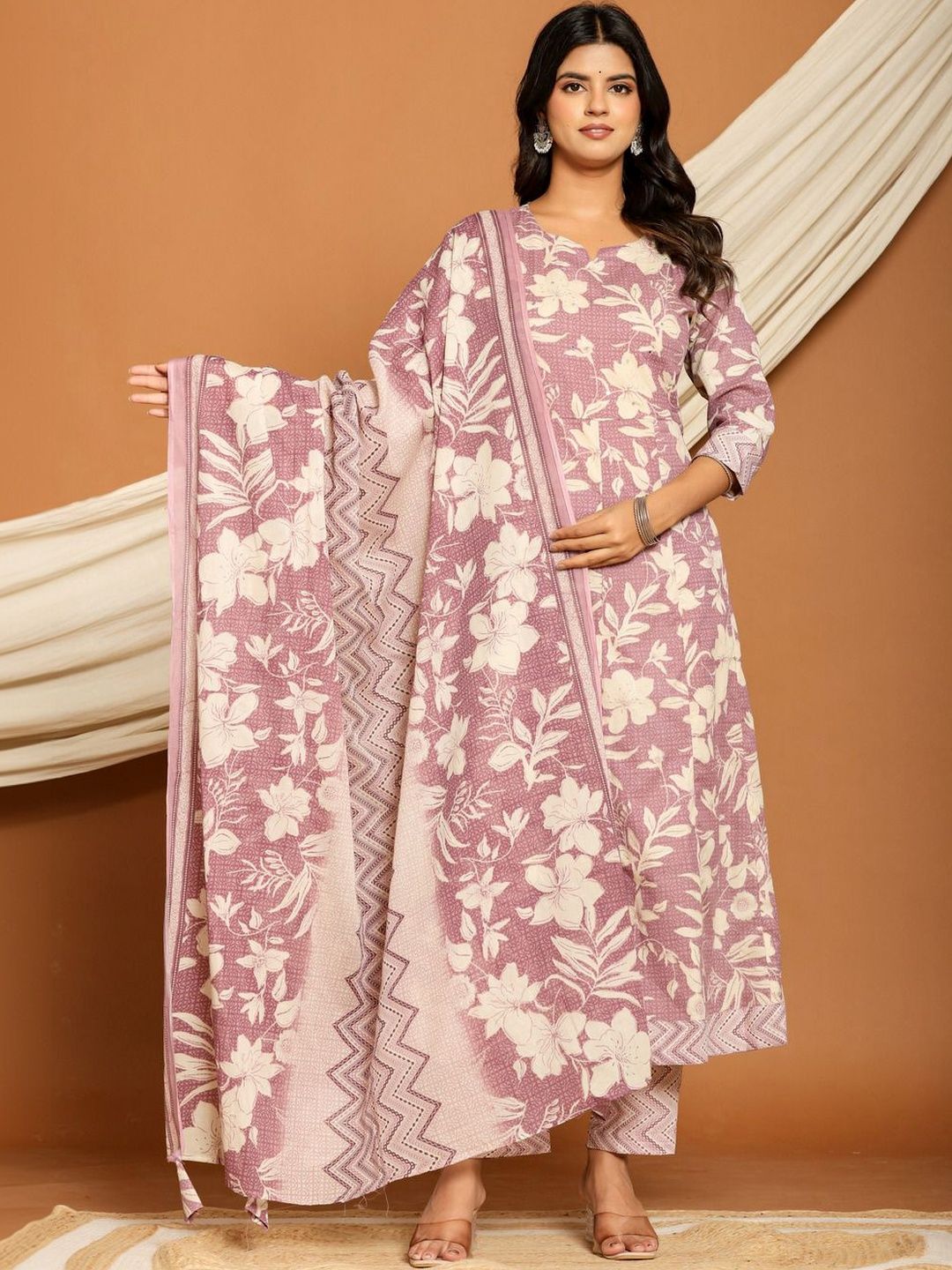 Aralia Women Floral Printed Pure Cotton Kurta with Trousers & With Dupatta