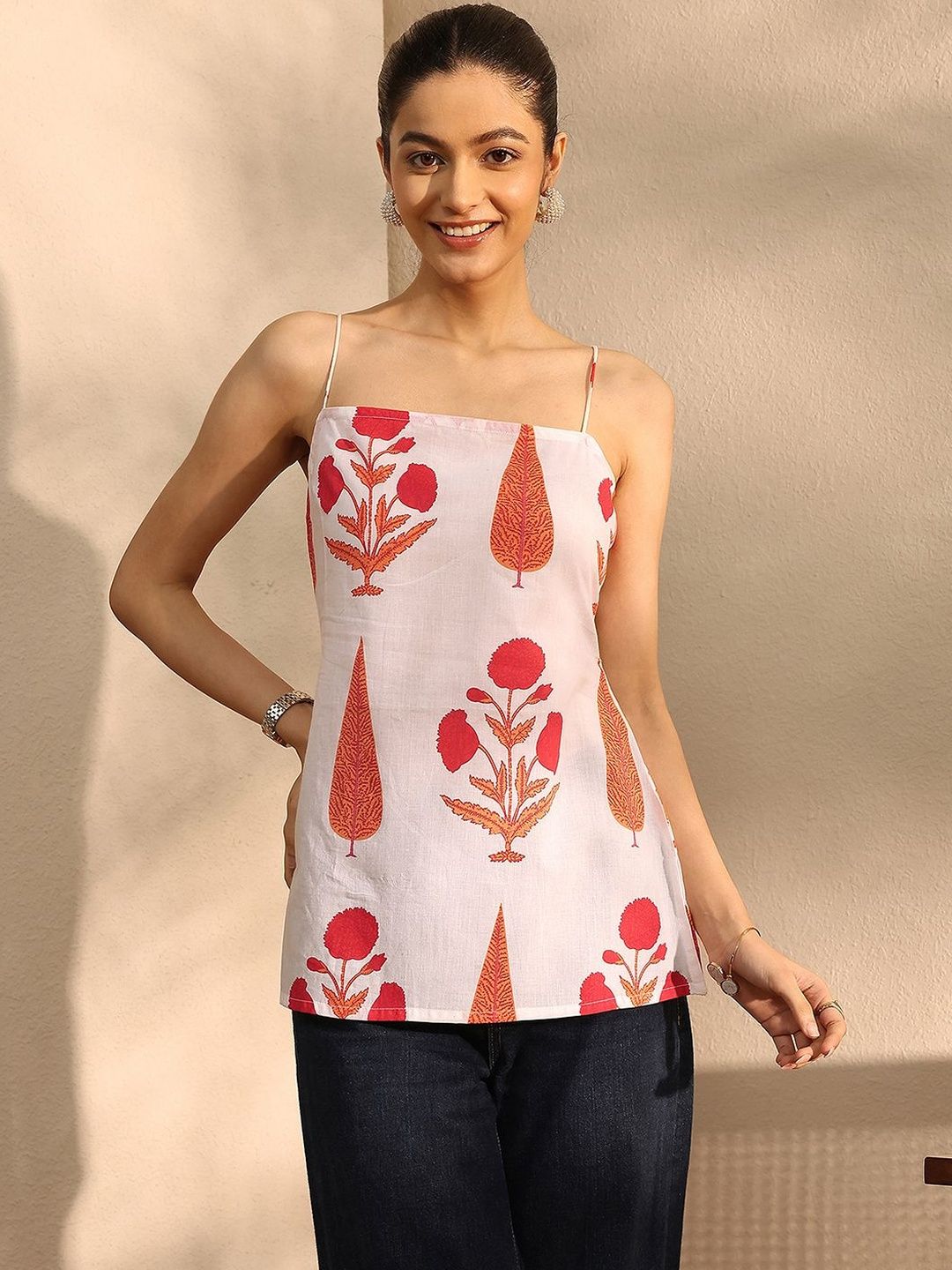 Libas Women White Floral Printed Straight Short Kurti
