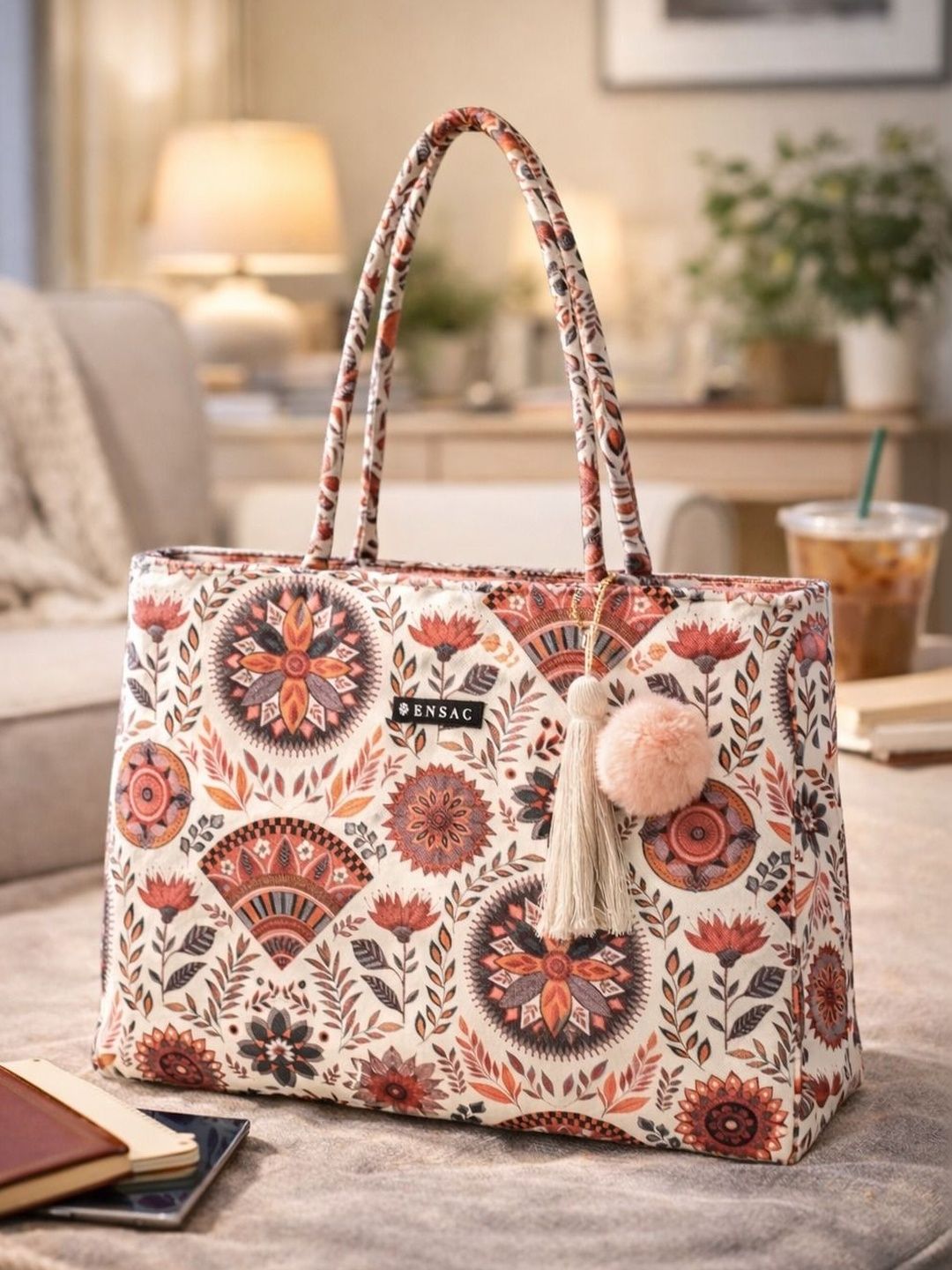 Buy ENSAC Ethnic Motifs Printed Tasselled Jute Large Shopper Tote Bag -  - Accessories for Women