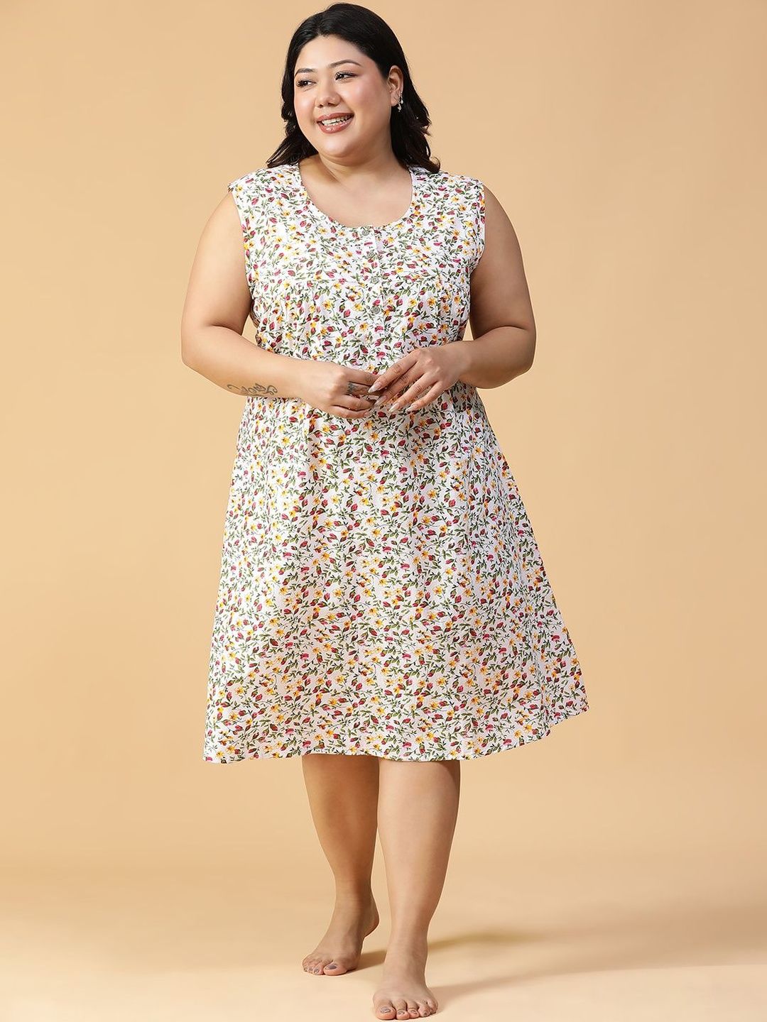 CLOCHOICE Women Plus Size Relaxed Fit Printed Cotton Shot Nightdress