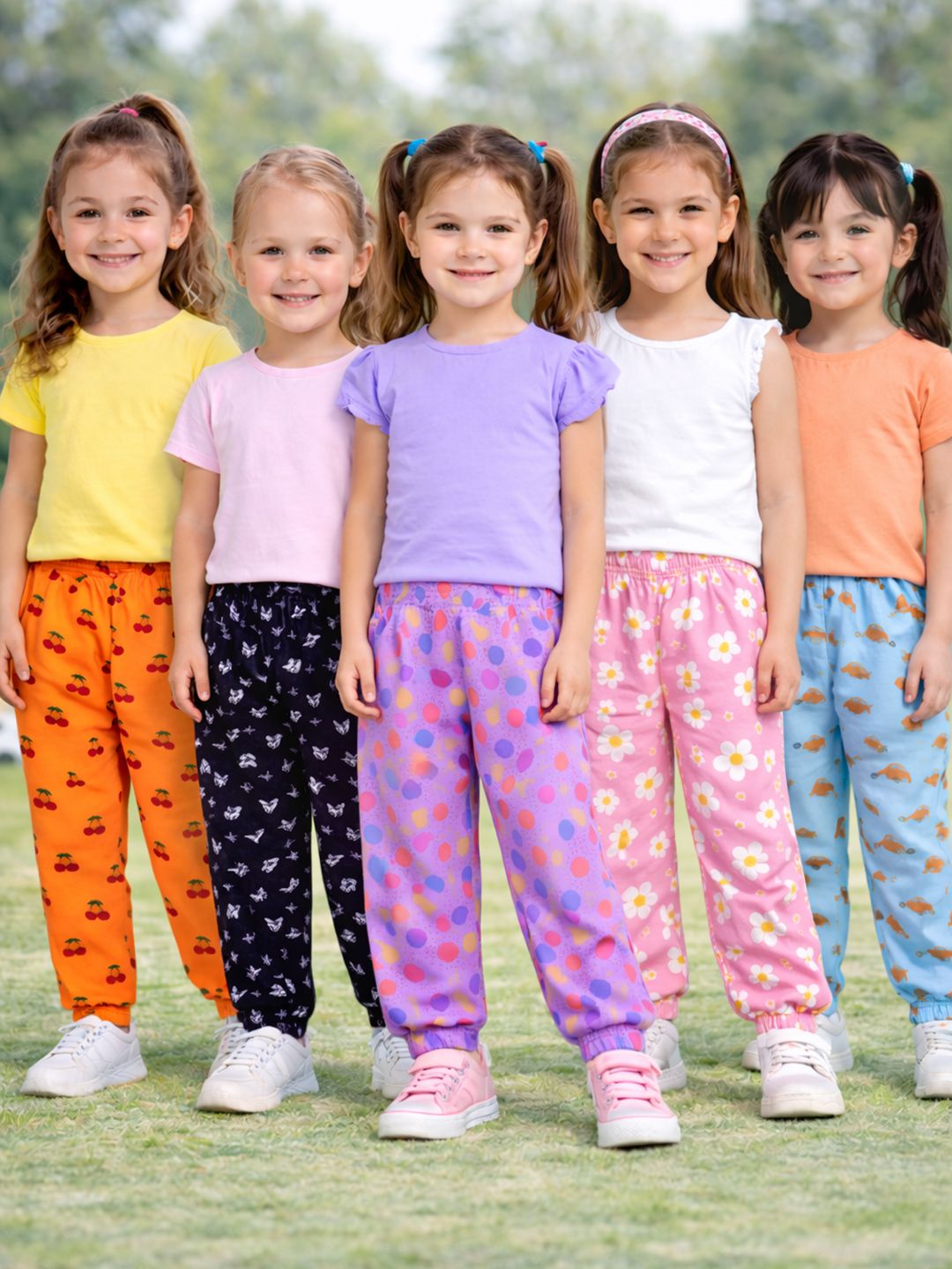 Girls Pack Of 5 Printed Pure Cotton Mid-Rise Joggers
