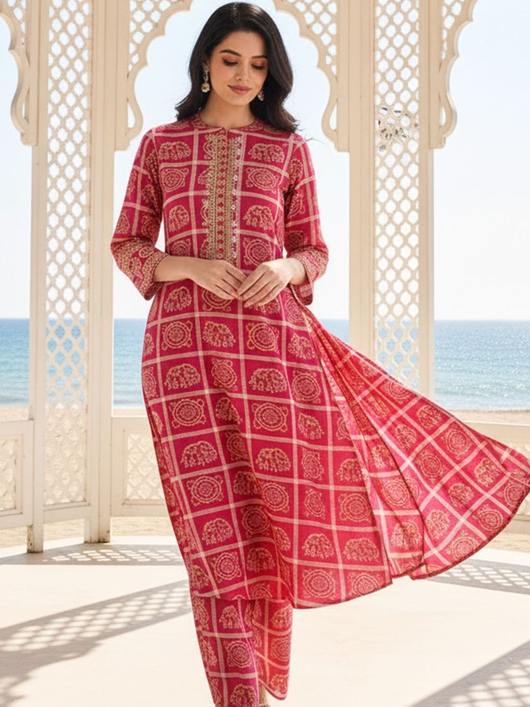 Indo Era Women Ethnic Motifs Printed Regular Thread Work Pure Cotton Kurta with Palazzos
