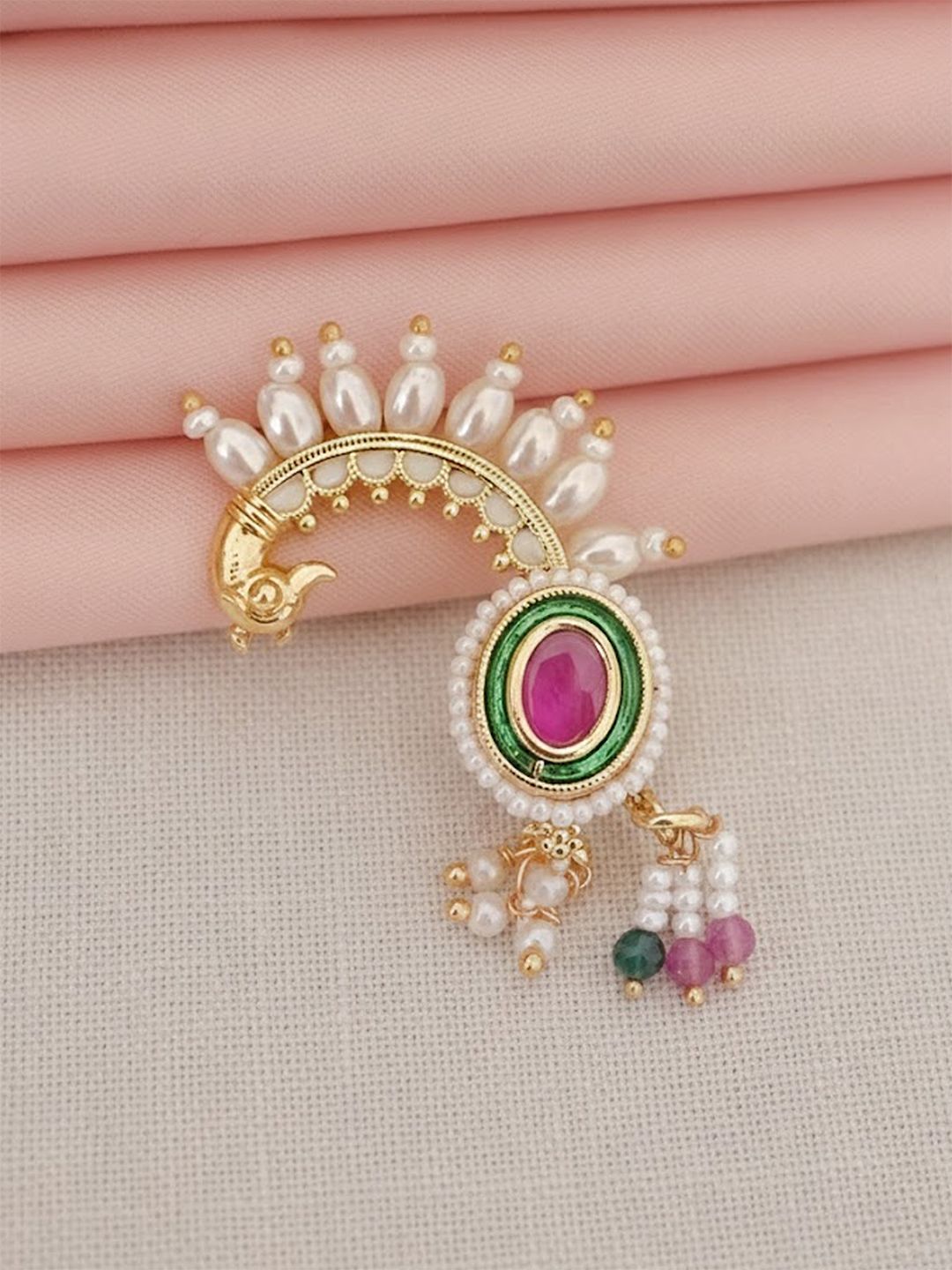 Adwitiya Collection Gold-Plated Stones and Beads Peacock Design Maharashtrian Nath