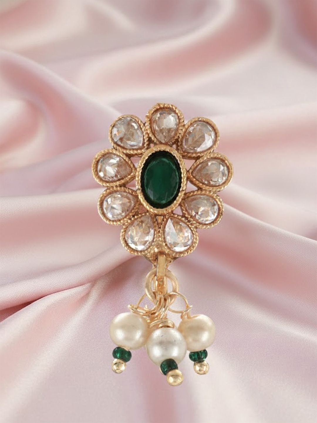 Adwitiya Collection Gold-Plated Green Stone-Studded Nose Pin