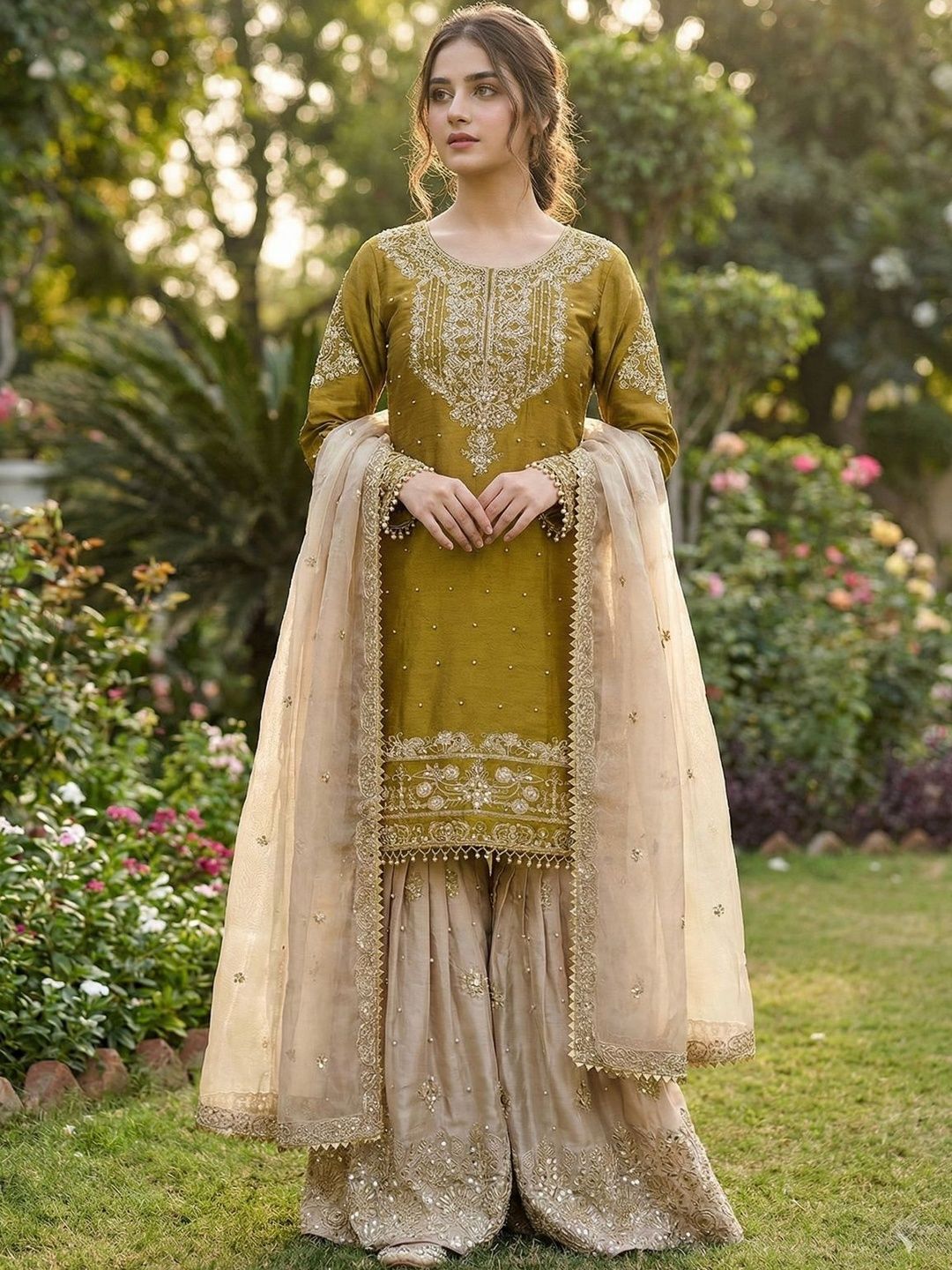 Vaidehi Fashion Women Ethnic Motifs Embroidered Regular Thread Work Kurta with Sharara & With Dupatta