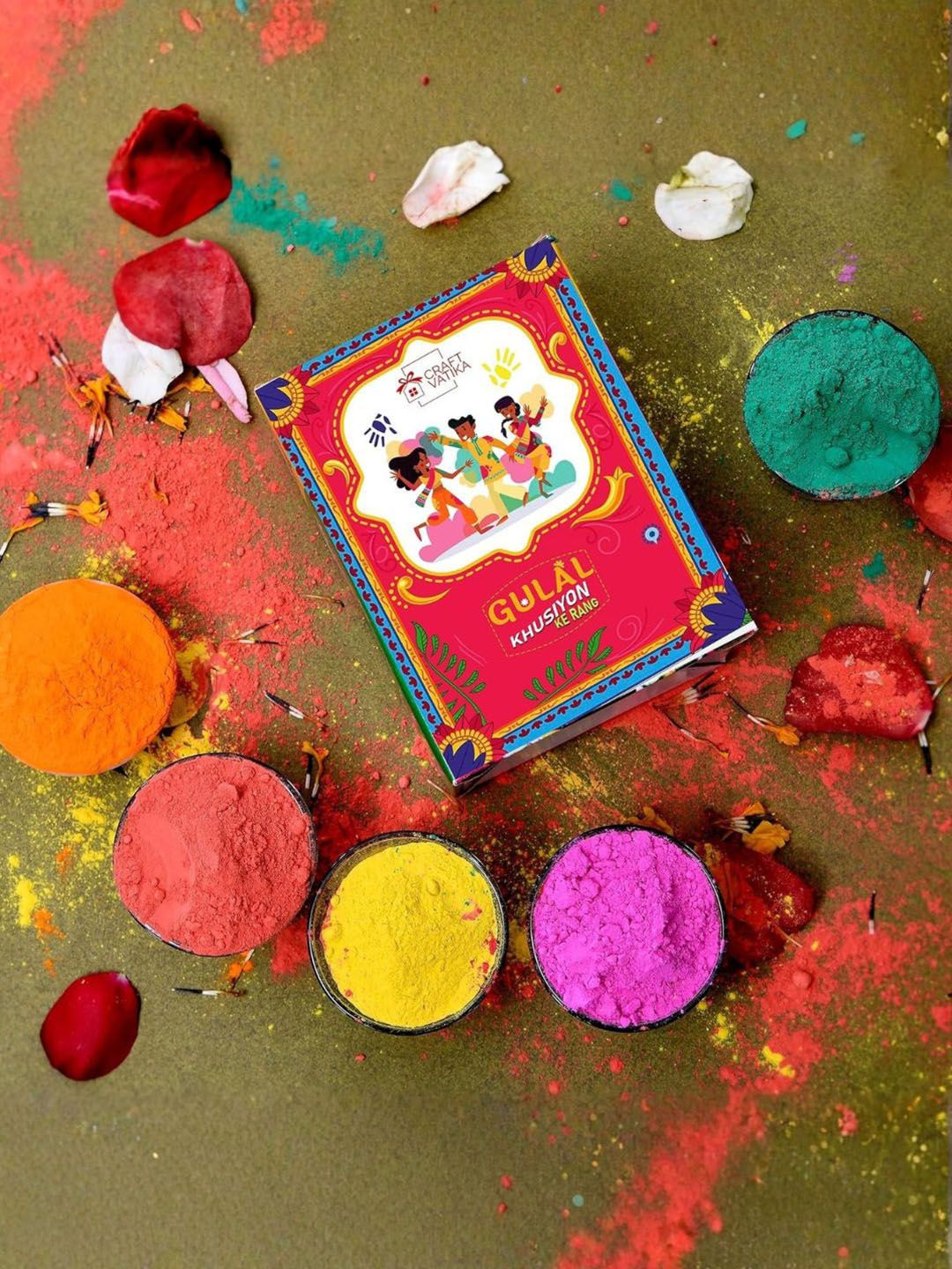 CraftVatika Green & Yellow 5 Pieces Organic Holi Gulal Colors