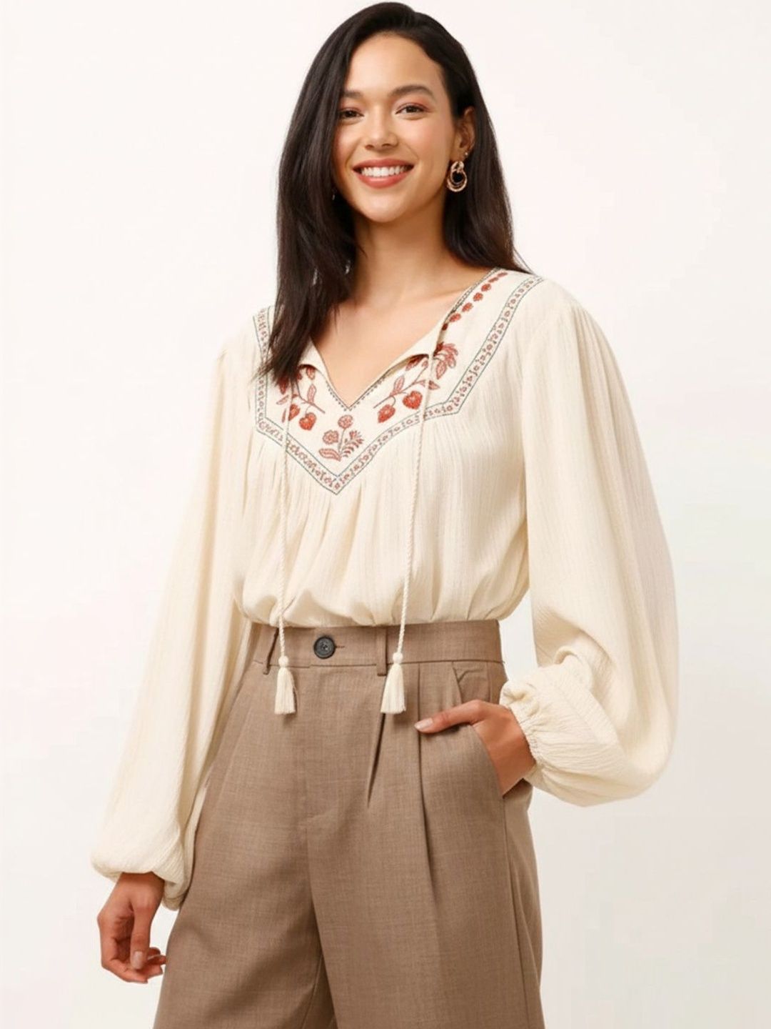 Anouk Rustic Floral Embroidered Bishop Sleeves Bohemian Top