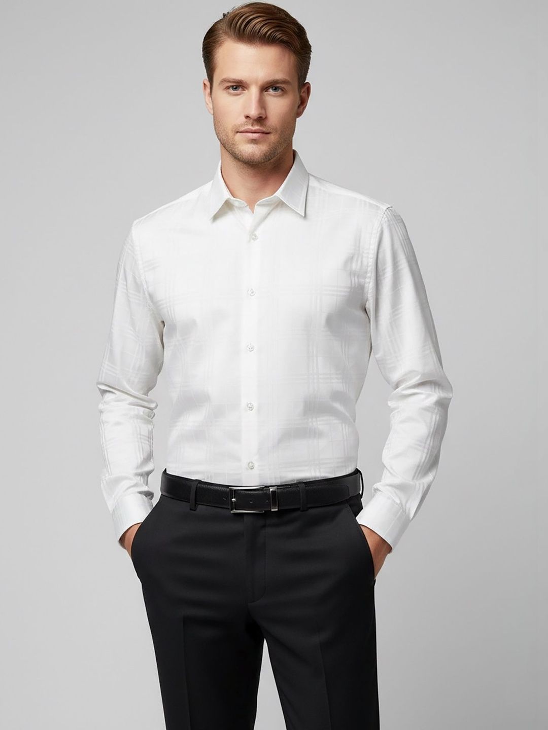 MISCHIEF MONKEY Men Classic Windowpane Checks Formal Shirt