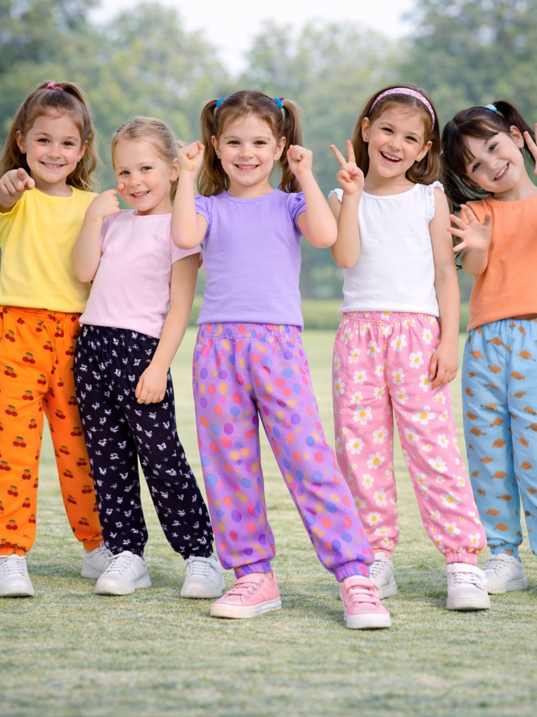 Girls Pack Of 5 Printed Pure Cotton Mid-Rise Joggers 7