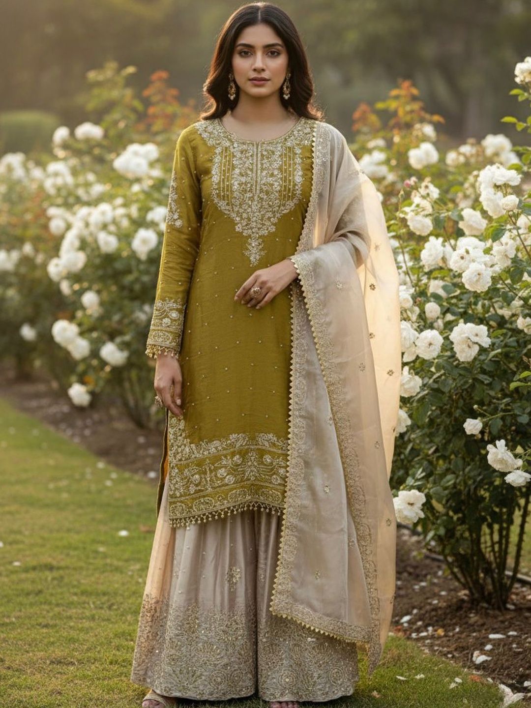 Vaidehi Fashion Women Ethnic Motifs Embroidered Regular Sequinned Kurta with Sharara & With Dupatta
