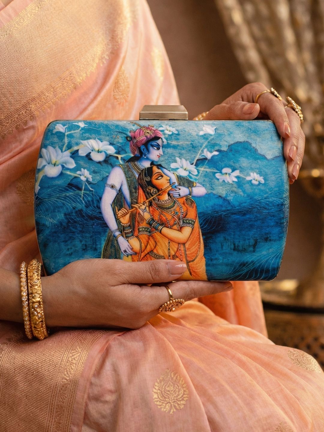 ARTKLIM Blue & Orange Radha Krishna Printed Box Clutch