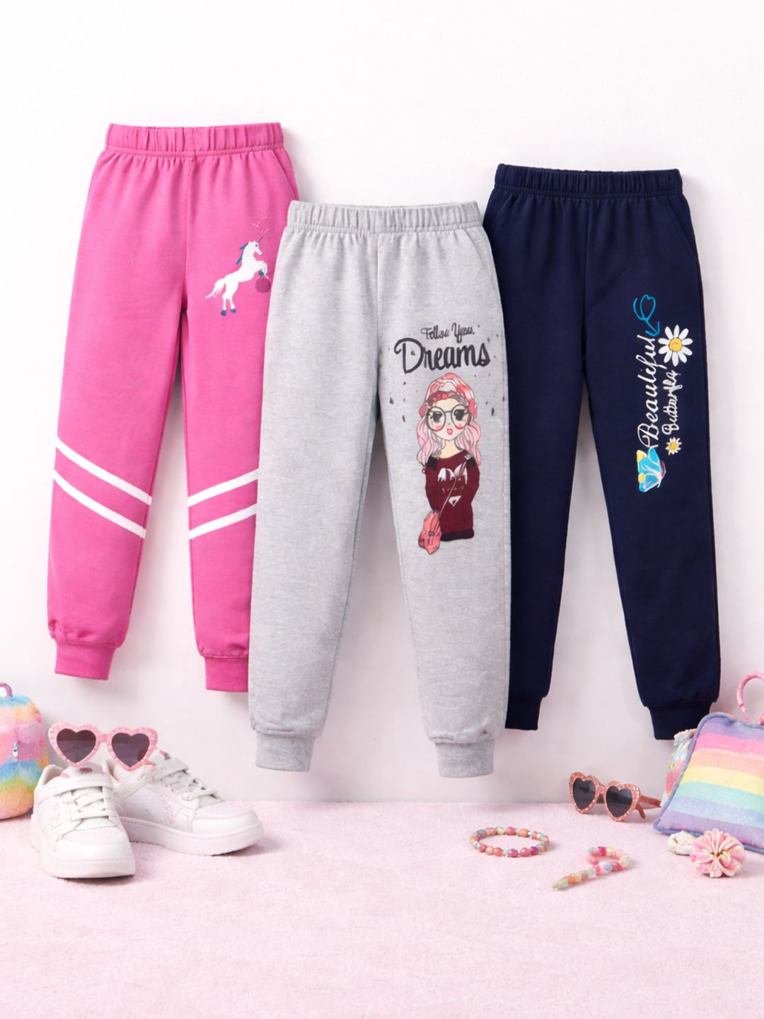 Girls Pack Of 3 Pure Cotton Regular Fit Mid-Rise Joggers
