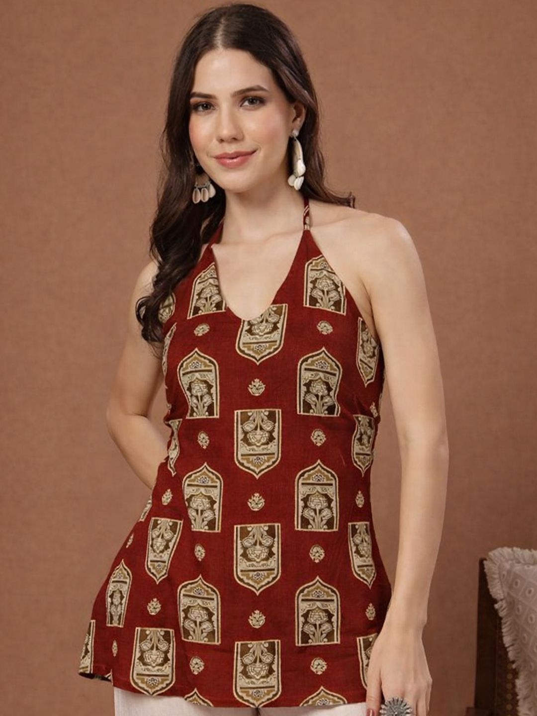 LABEL ADRIJA Print Halter Neck Ethnic Cotton Blend Top