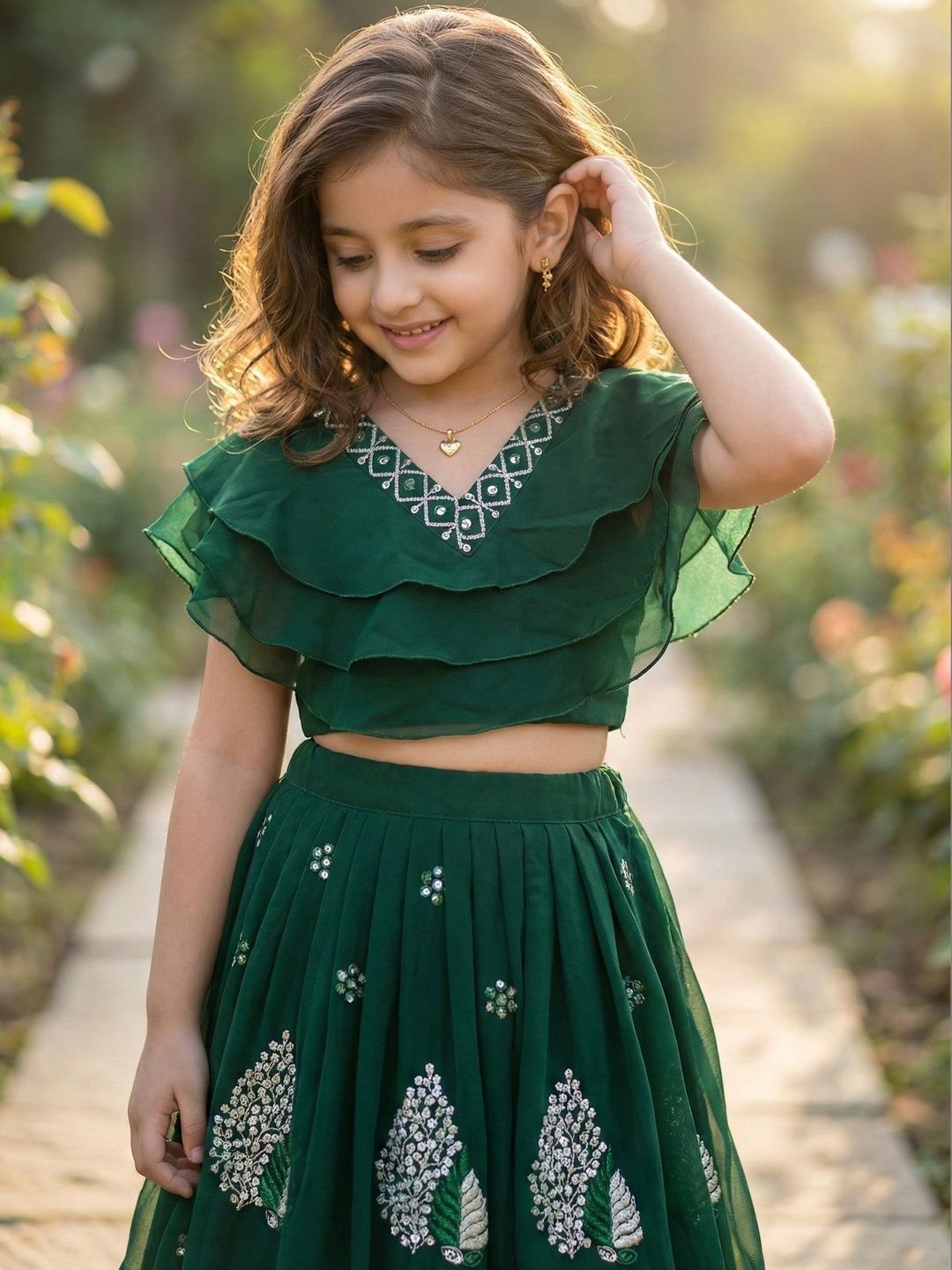 Girls Embellished Thread Work Ready to Wear Lehenga & 5