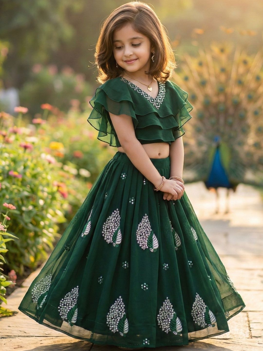 Girls Embellished Thread Work Ready to Wear Lehenga & 3