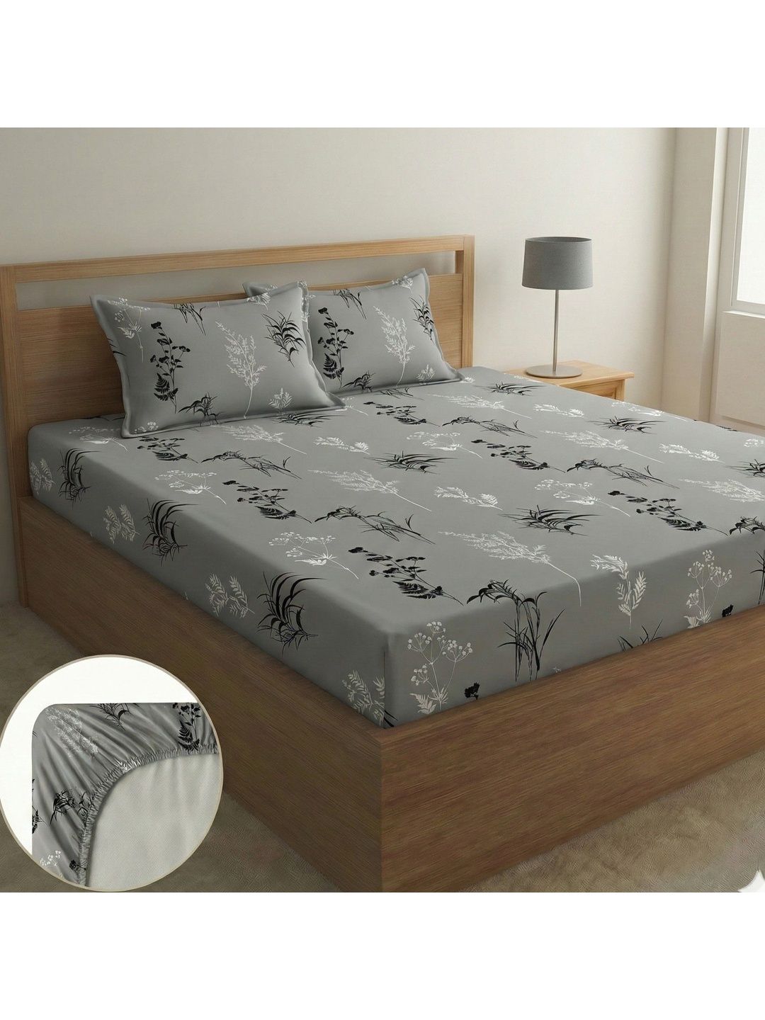 Buy Fashion String Grey Floral Bedsheet With 2 Pillow Covers -  - Home for Unisex