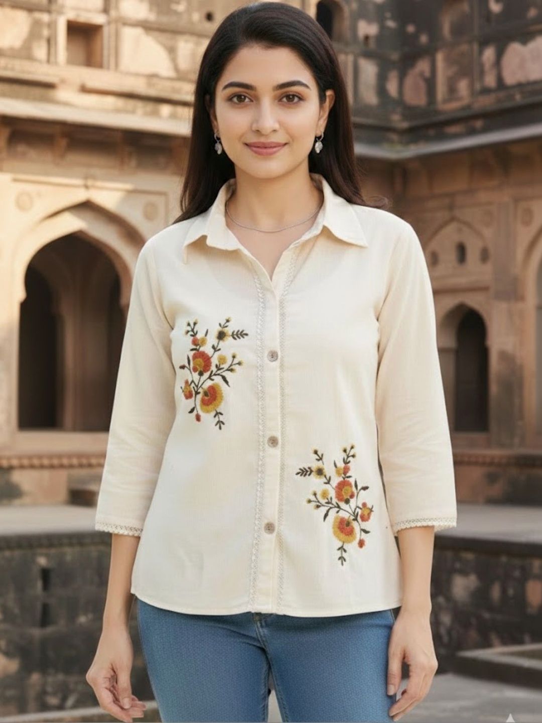 YOELLA Floral Embroidered Organic Cotton Top