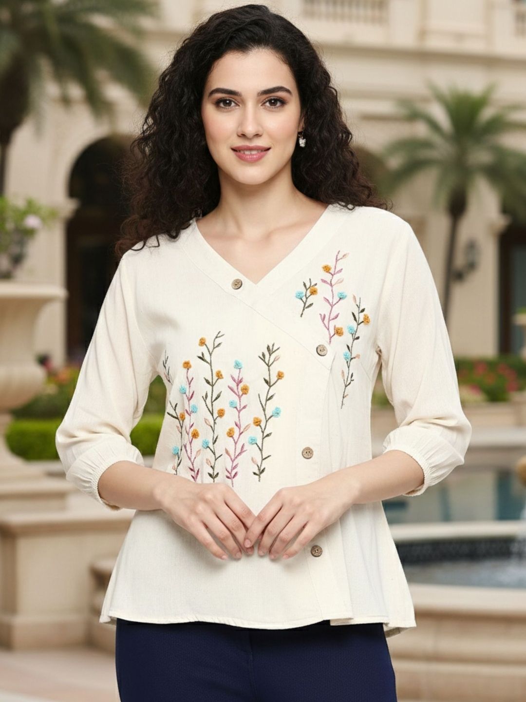 YOELLA Floral Embroidered Organic Cotton Wrap Top