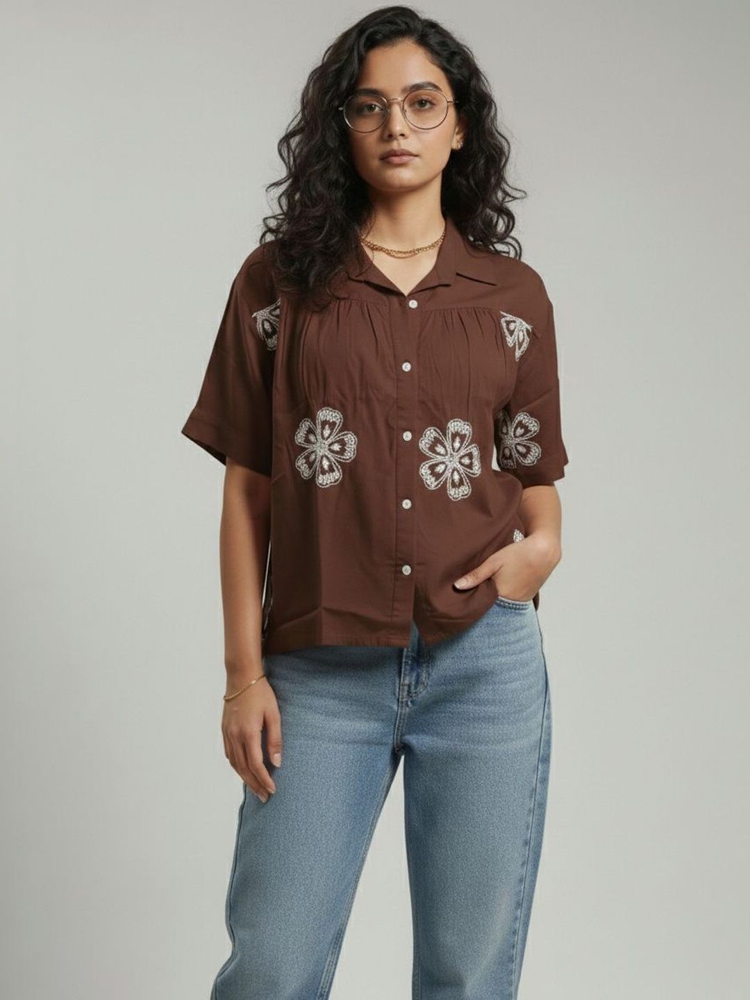 J Turritopsis Women Regular Fit Embroidered Casual Shirt