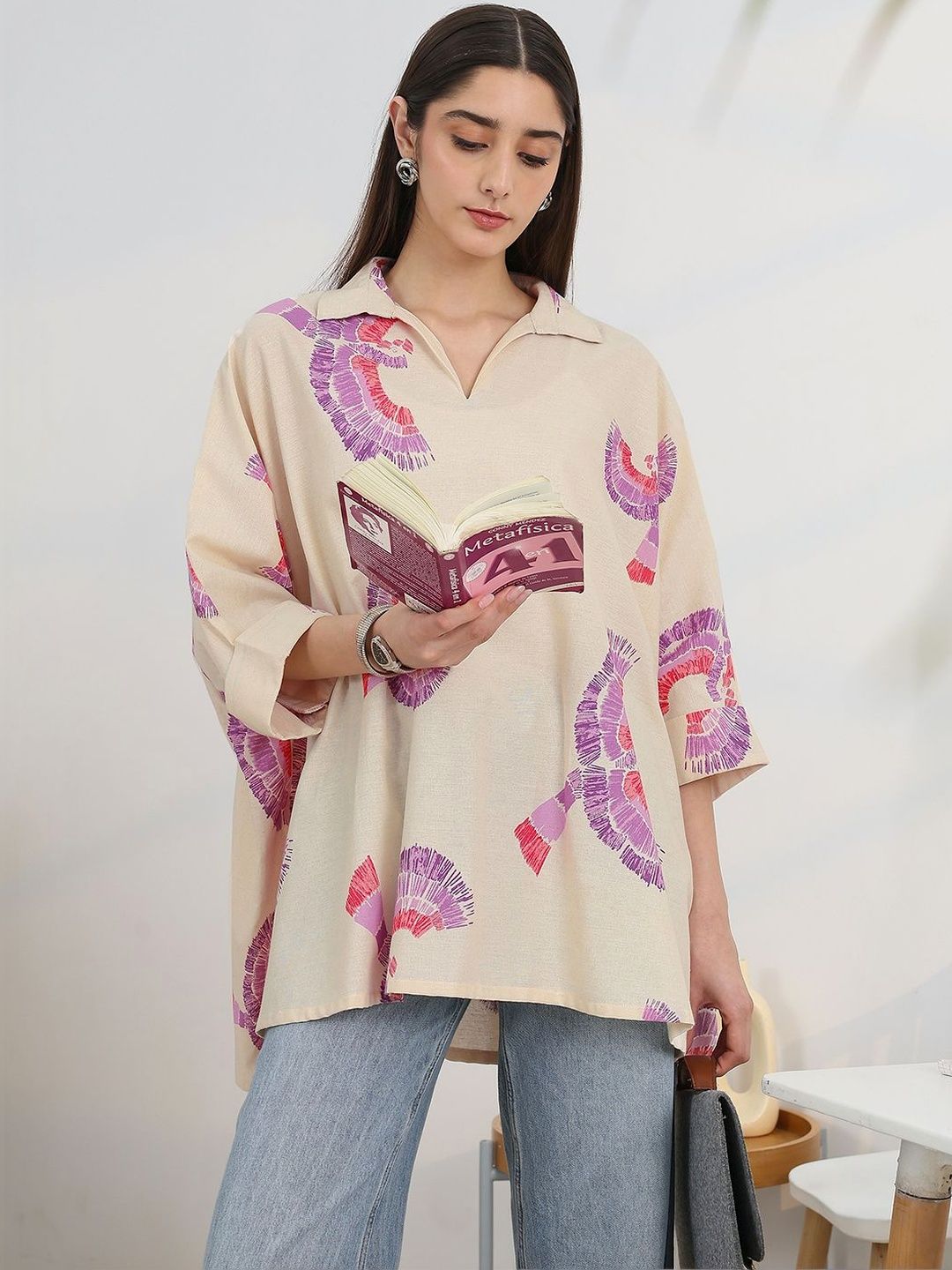 Libas Off White Printed Cotton Loose Fit Short Kurti