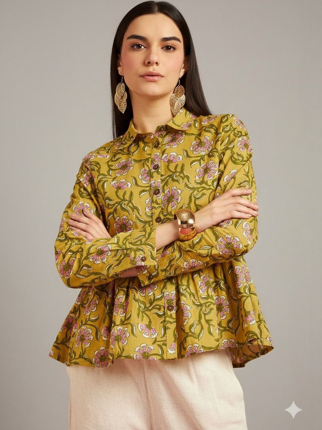 Anouk Rustic Floral Print Cotton Crepe Peplum Top