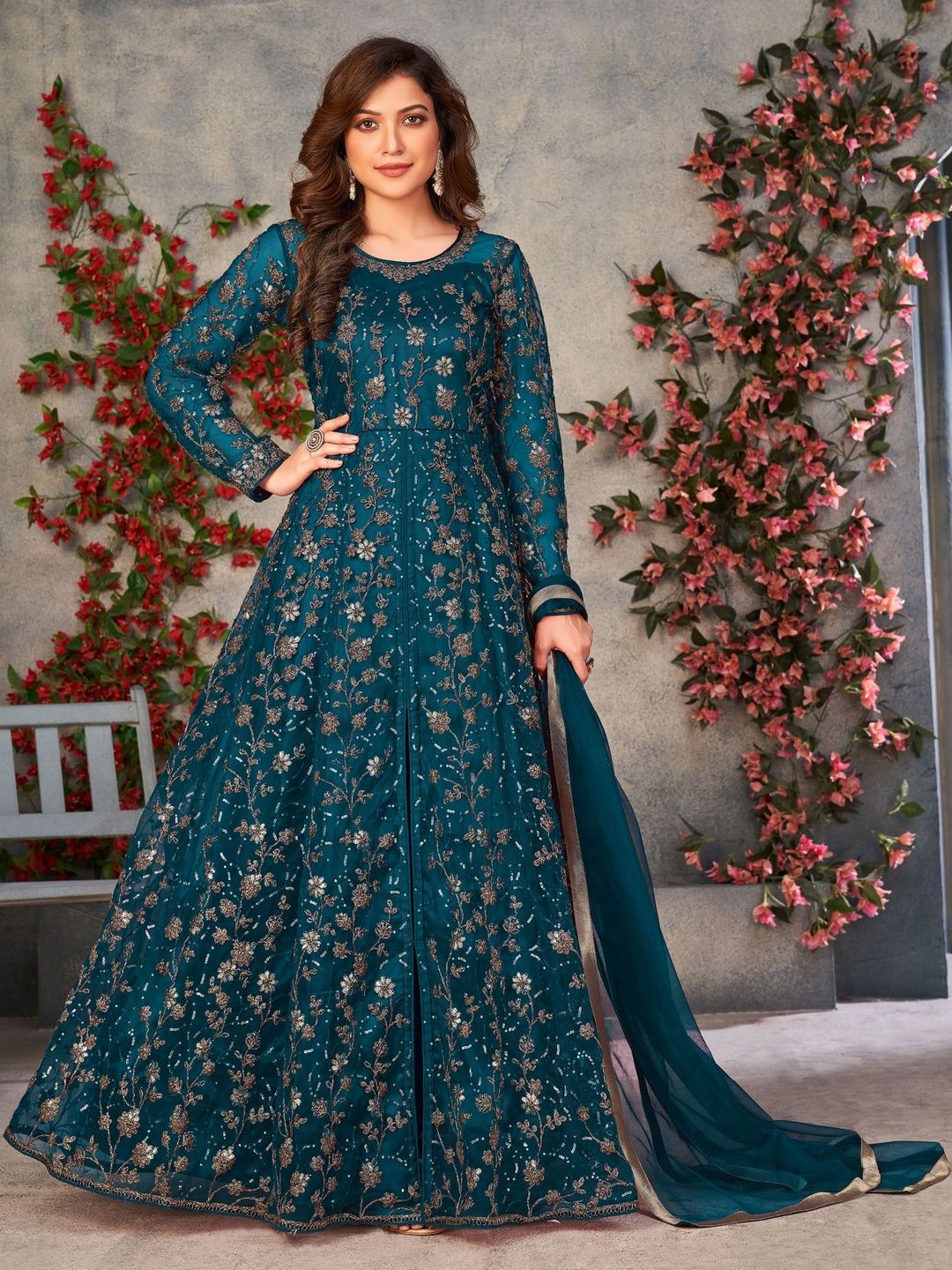 RUDRAPRAYAG Floral Embroidered Net Maxi Dress