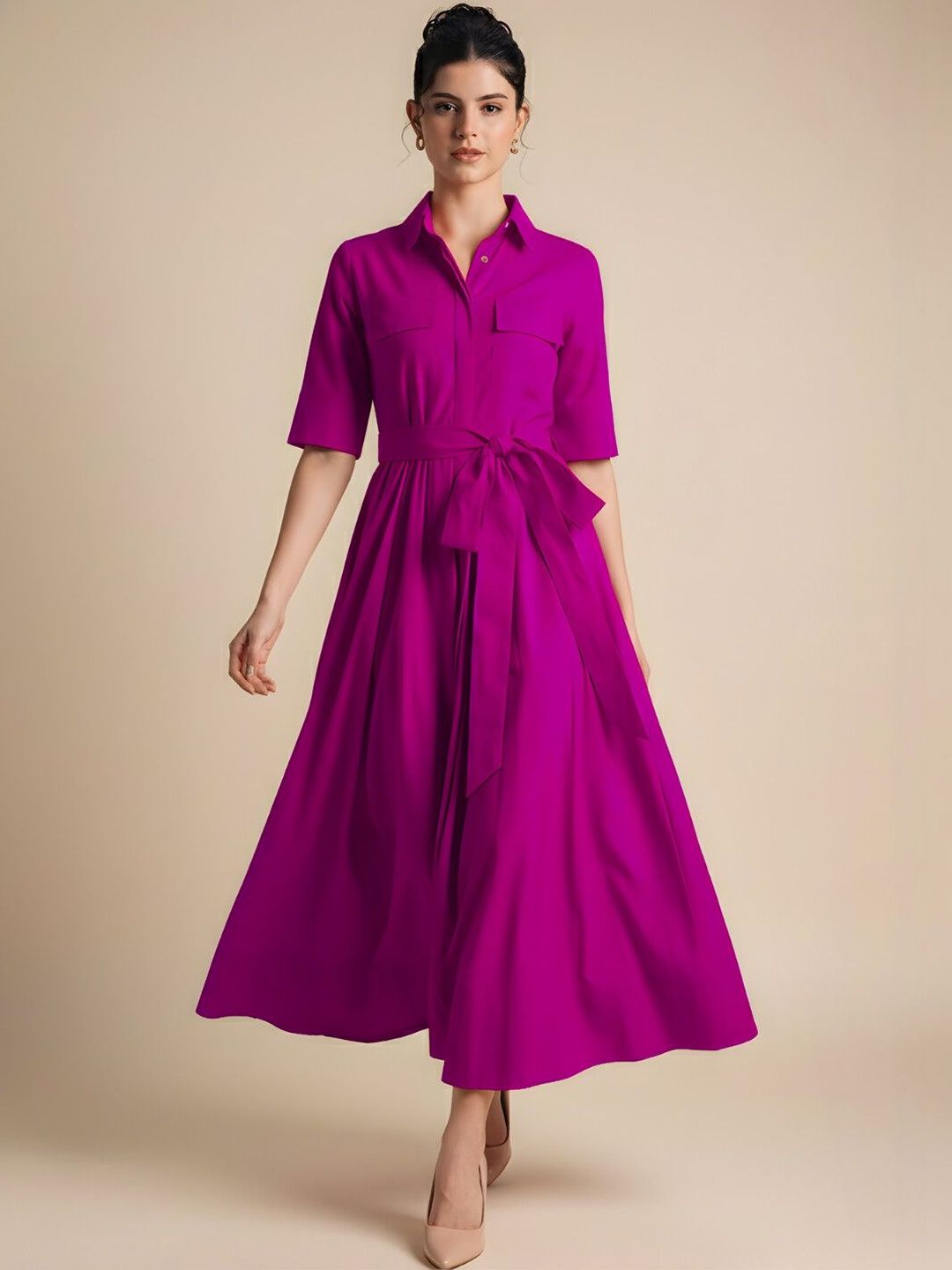 Uptownie Cotton Sash Tie Shirt Dress