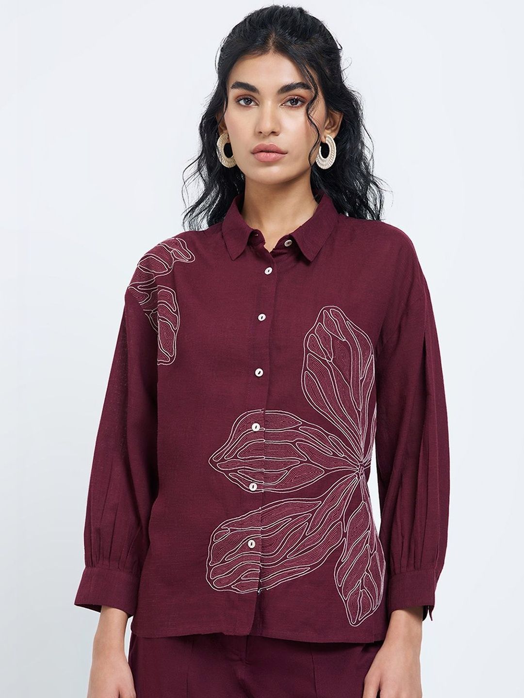 AKKRITI BY PANTALOONS Viscose Rayon Blend Shirt Collar Embroidered Tunic