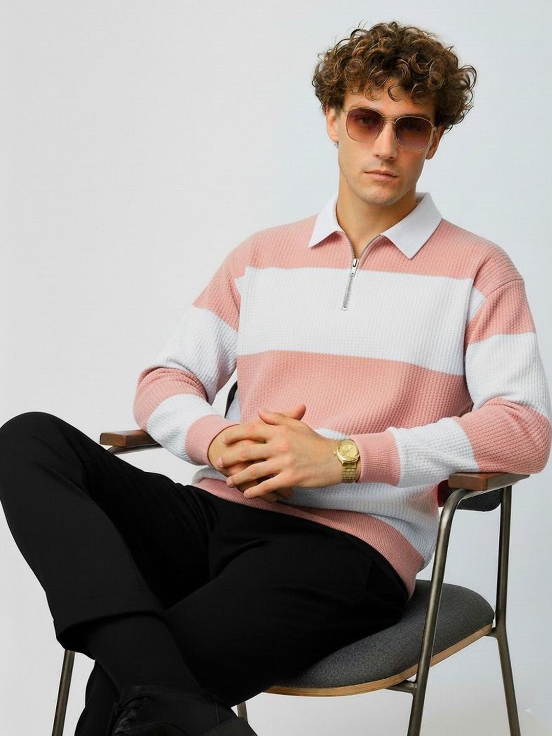 R.Code by The Roadster Life Co. Men Striped Polo Collar T-shirt