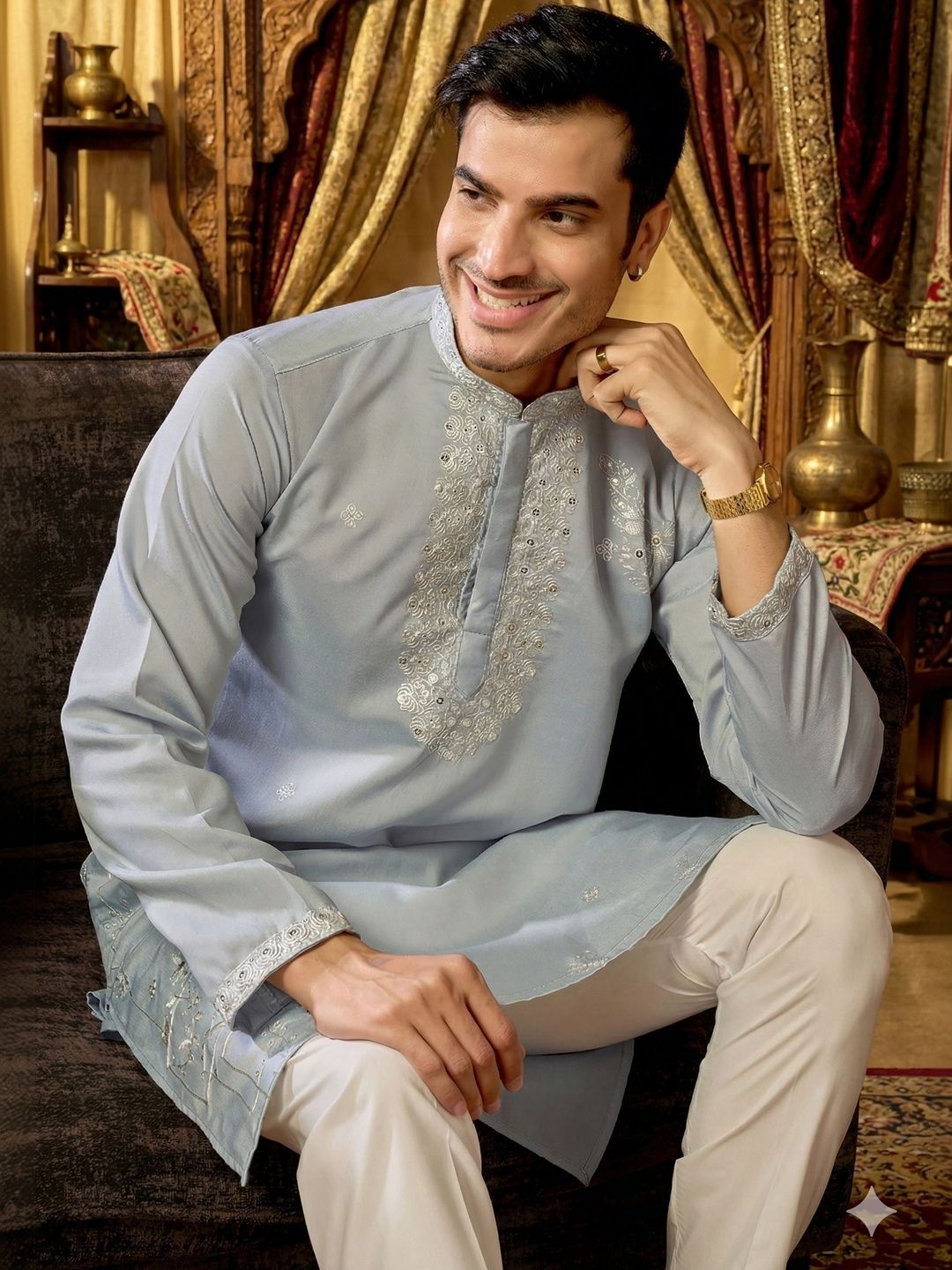 RANGRAAG Men Ethnic Motifs Embroidered Regular Thread Work Kurta with Pyjamas