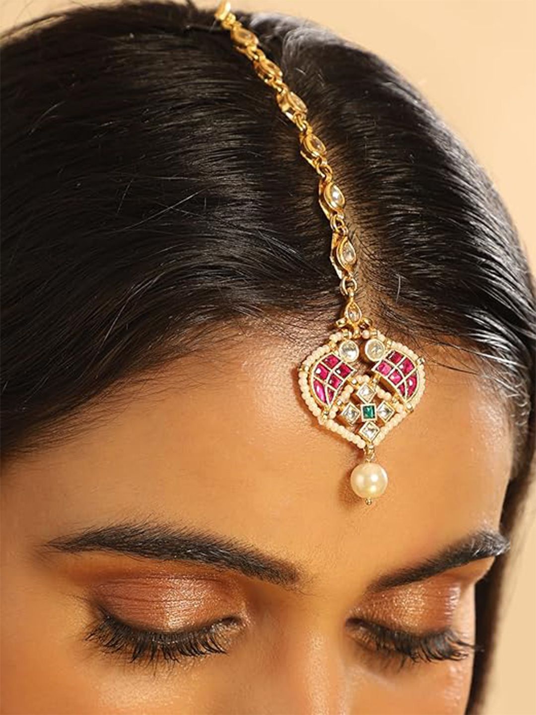 Nuyug  Gold-Plated Kundan Studded & Pearls Beaded Matha Tikka