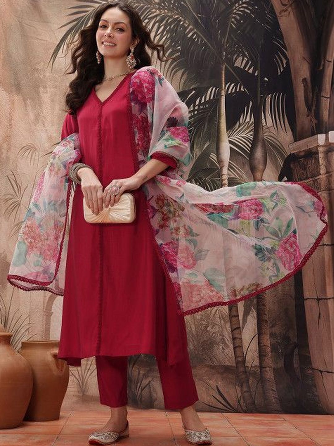 Sangria V-Neck A-Line Kurta & Trousers With Dupatta
