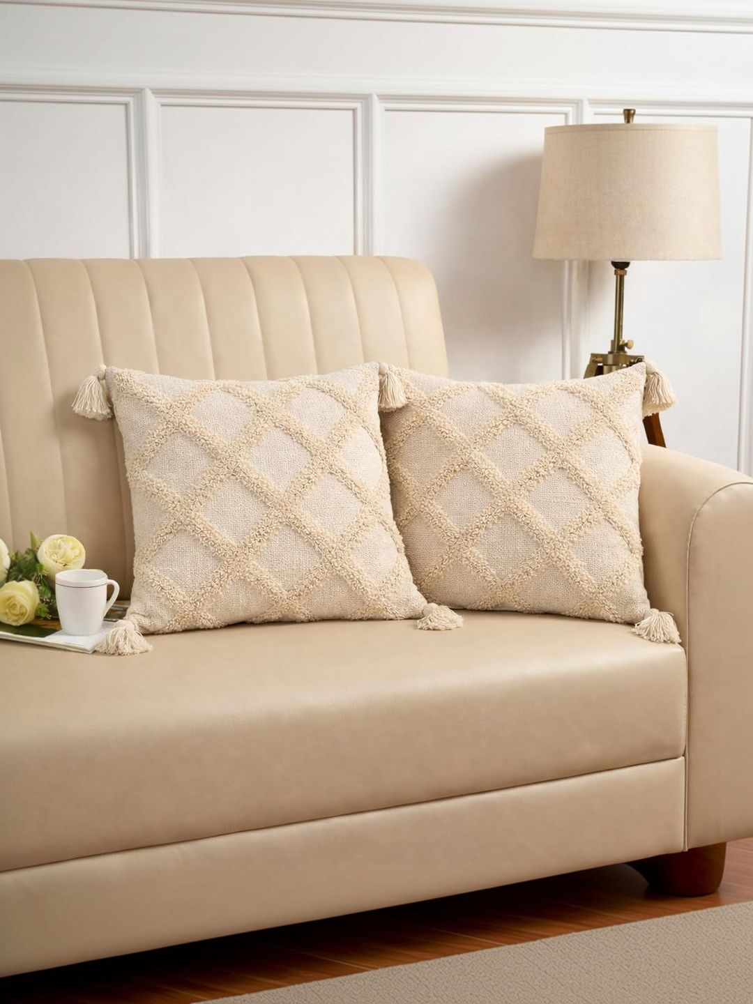 Buy WEAVERS HUT Beige Set Of 2 Geometric Square Cushion Covers -  - Home for Unisex