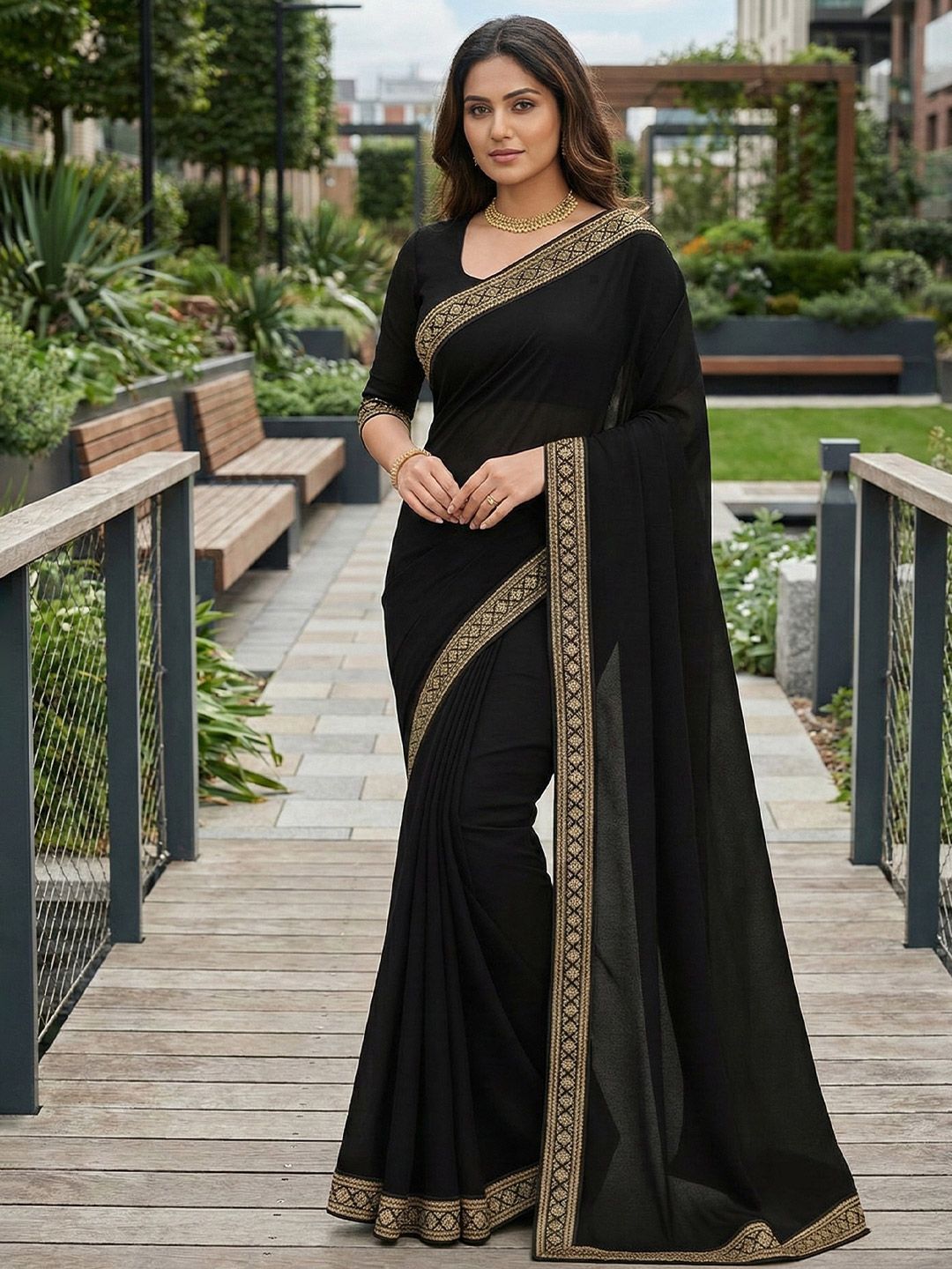 HERE&NOW Embellished Zari Poly Georgette Heavy Work Saree