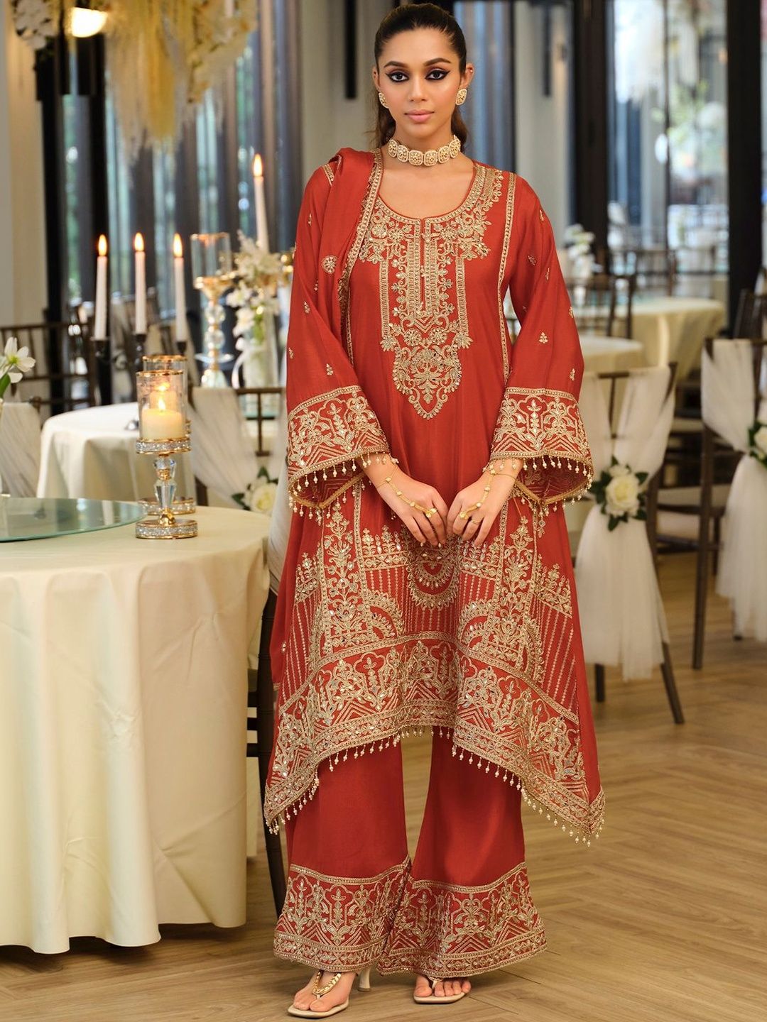 Indo Era Women Ethnic Motifs Embroidered Regular Thread Work Kurta with Palazzos & With Dupatta