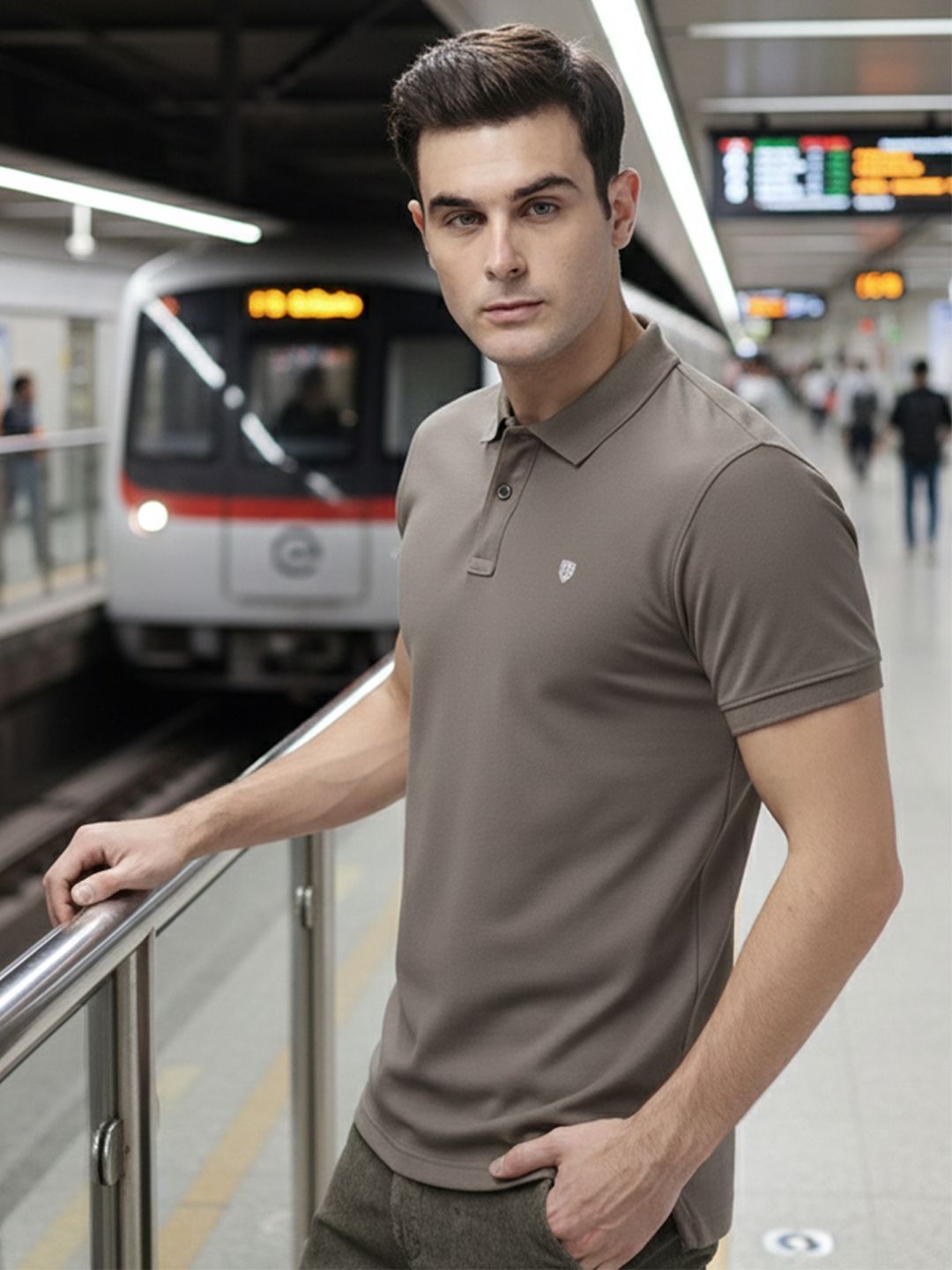 Taupe Polo Collar T-shirt with Brand Logo
