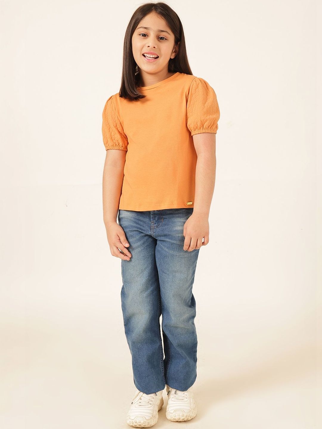 Girls Printed Orange Cotton Pockets Top 6