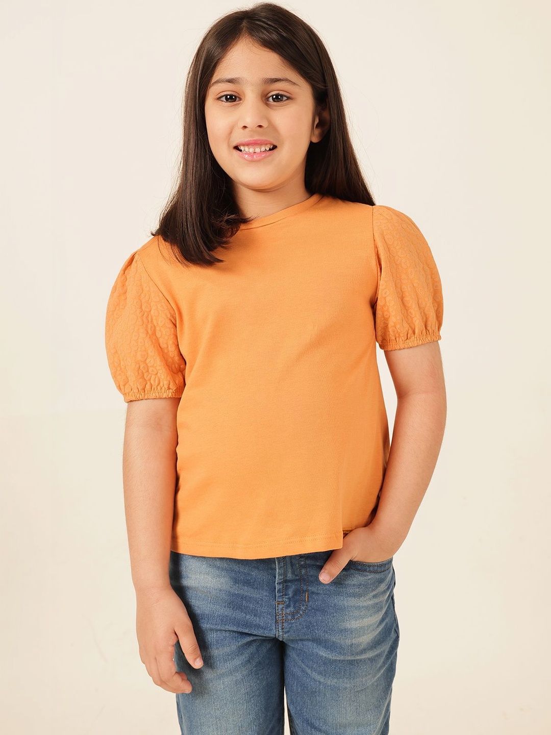 Girls Printed Orange Cotton Pockets Top