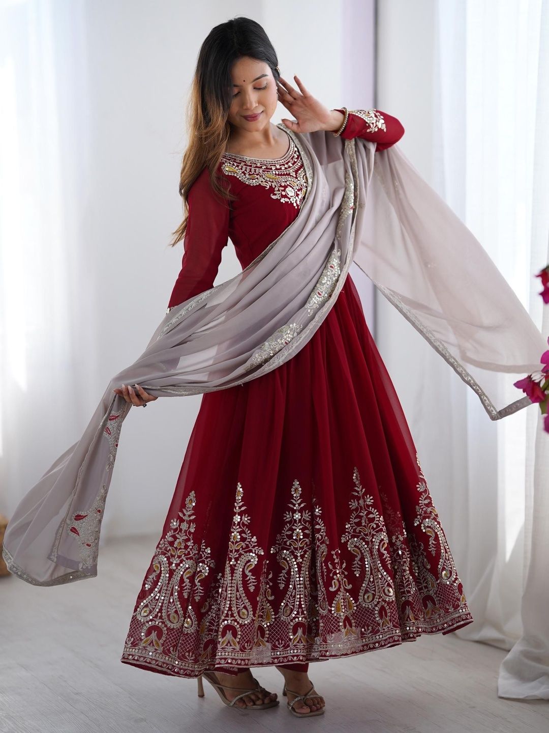 KALINI Women Ethnic Motifs Embroidered Empire Mirror Work Kurta with Pyjamas & With Dupatta
