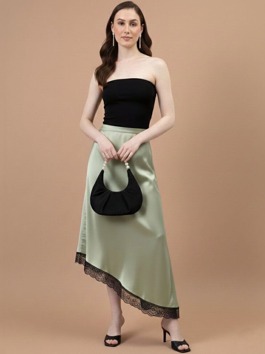 Pookiie Women Satin Lace Embellished Maxi Skirt