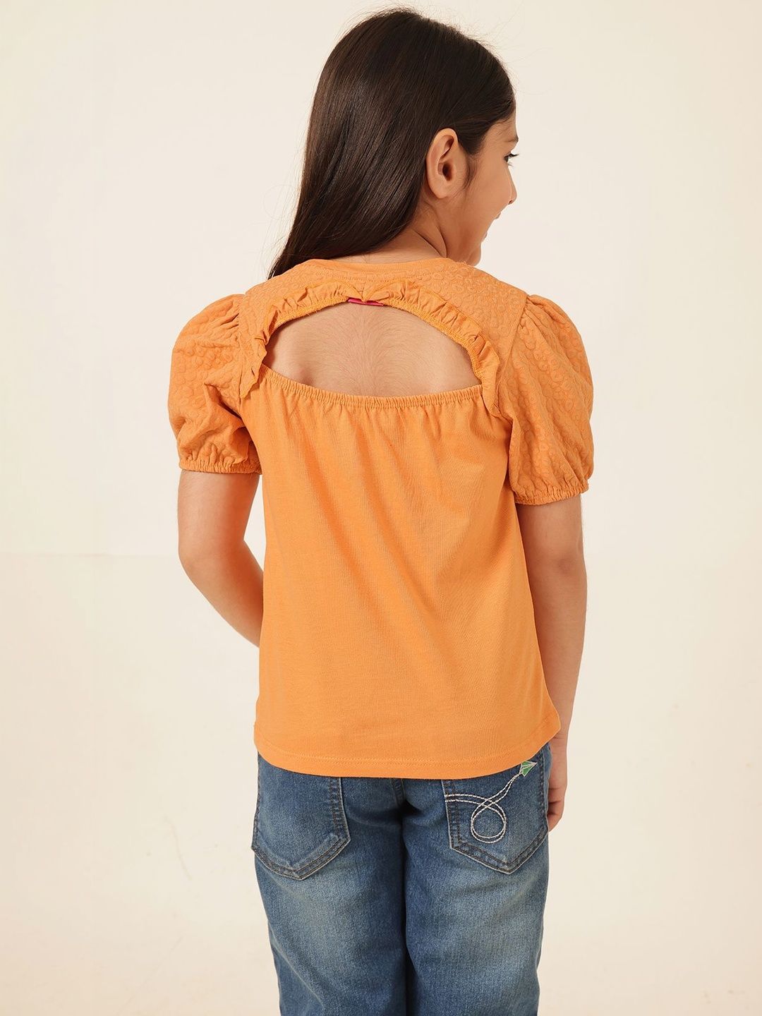 Girls Printed Orange Cotton Pockets Top 4