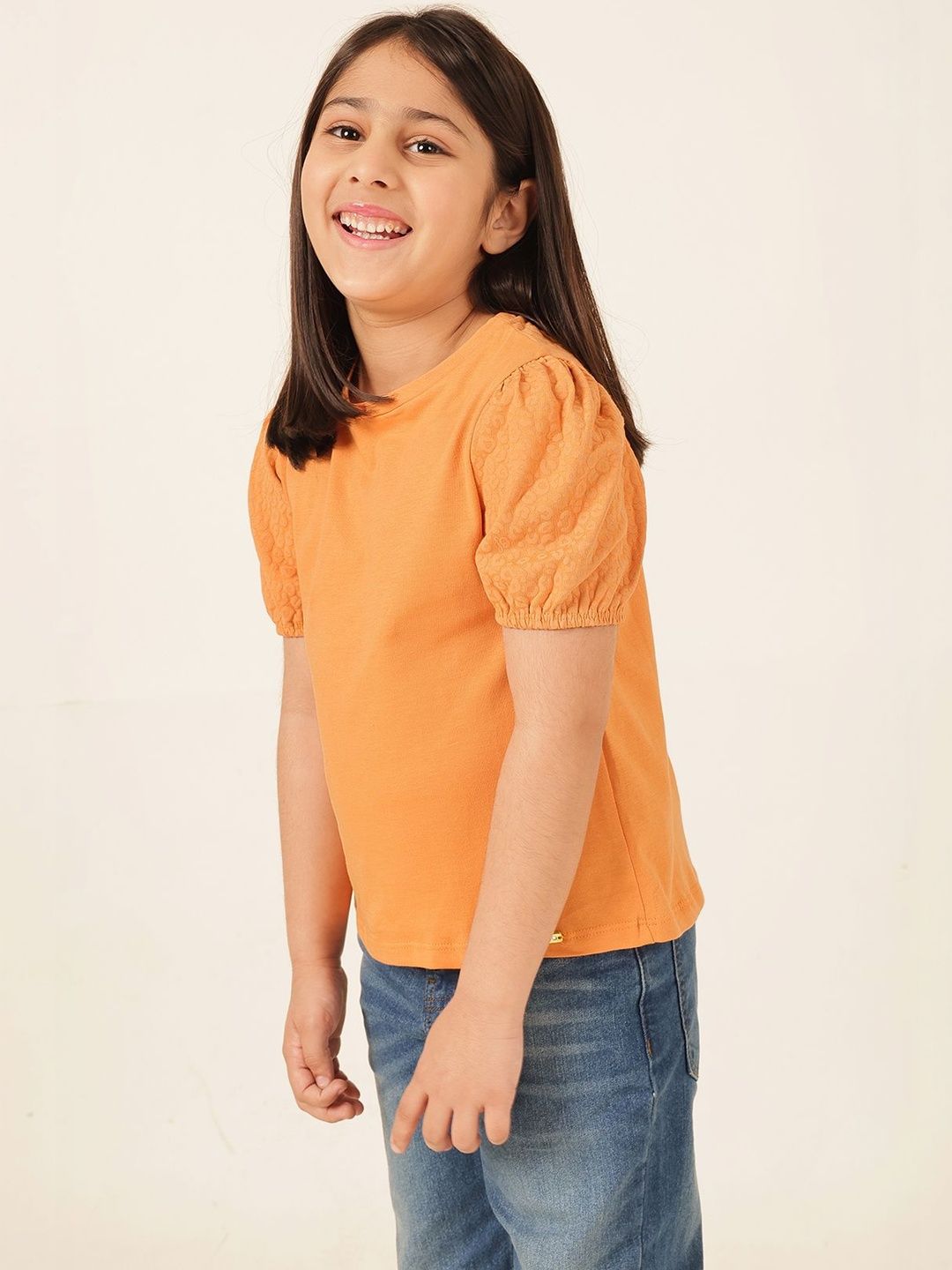 Girls Printed Orange Cotton Pockets Top 3