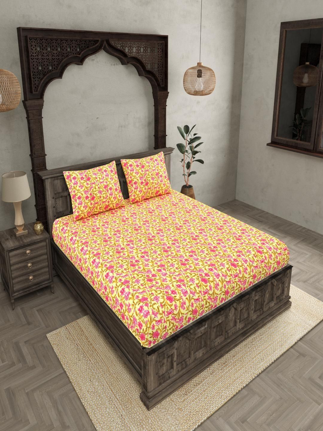 Buy JAIPUR FABRIC Yellow Floral Double Bedsheet With 2 Pillow Covers -  - Home for Unisex