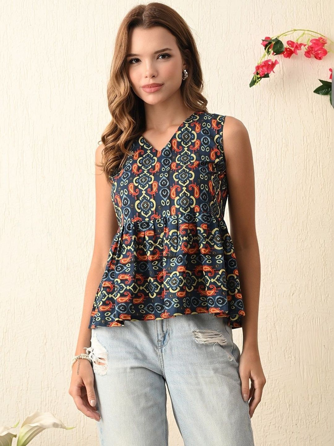 VIDHANI Print Ethnic Cotton Blend Peplum Top
